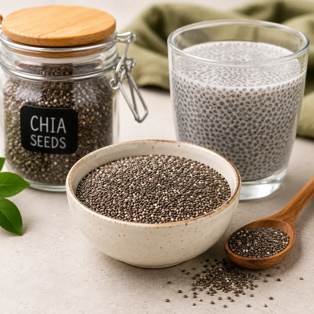 Chia seeds in a bowl with a wooden spoon for making a healthy beet smoothie recipe