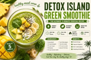 Detox Island Green Smoothie recipe with spinach, pineapple, mango, banana, and ginger in a glass, featuring nutrition facts, ingredients, and a healthy tropical breakfast infographic.