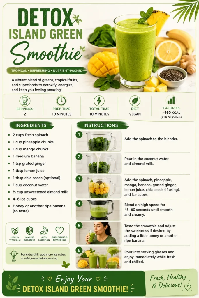 Printable Detox Island Green Smoothie recipe card with ingredients, step-by-step instructions, nutrition highlights, and a tropical green smoothie.