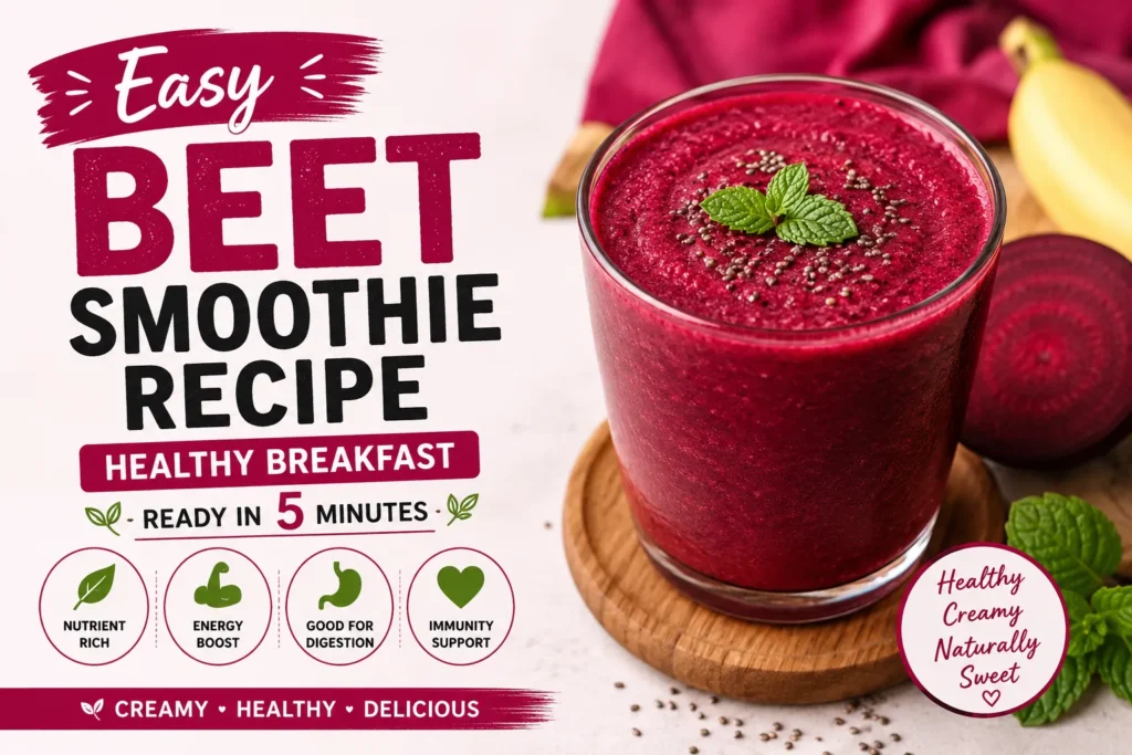 Easy Beet Smoothie Recipe made with beetroot, banana, and Greek yogurt. Healthy breakfast smoothie ready in 5 minutes with a creamy texture and naturally sweet flavor.