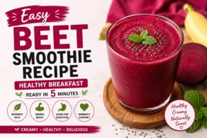 Easy Beet Smoothie Recipe made with beetroot, banana, and Greek yogurt. Healthy breakfast smoothie ready in 5 minutes with a creamy texture and naturally sweet flavor.