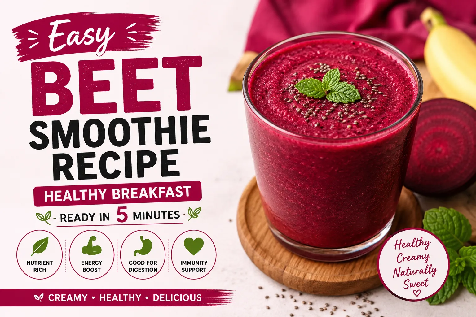 Easy Beet Smoothie Recipe made with beetroot, banana, and Greek yogurt. Healthy breakfast smoothie ready in 5 minutes with a creamy texture and naturally sweet flavor.