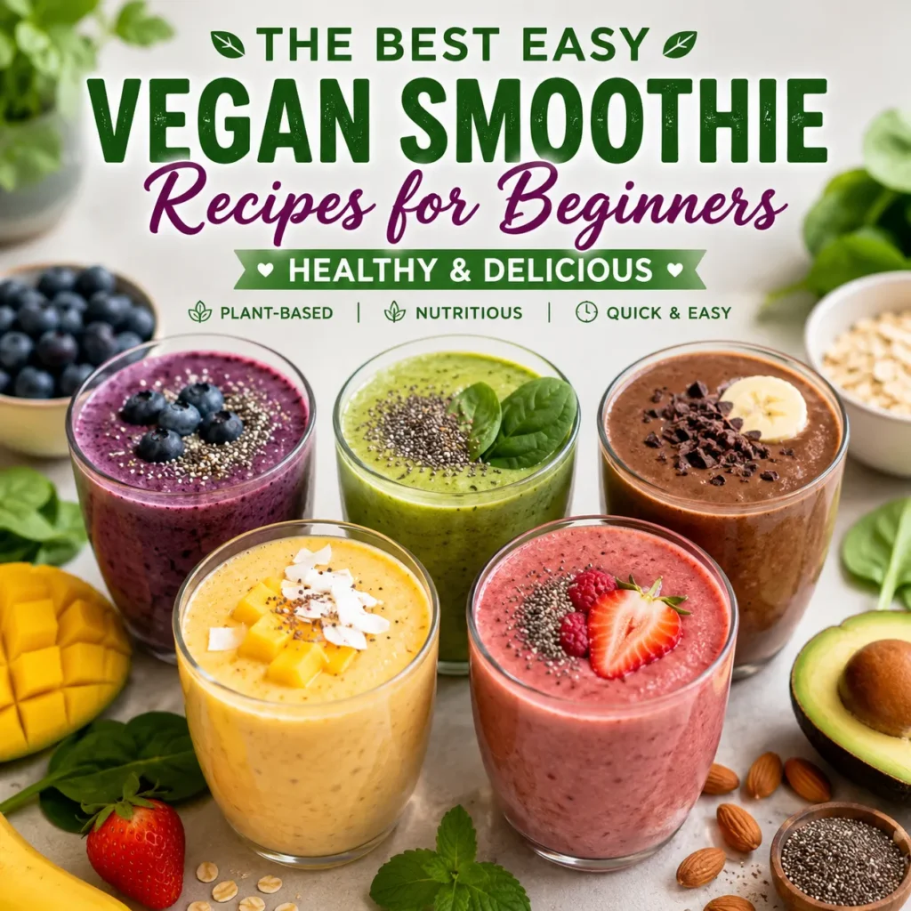 Easy vegan smoothie recipes for beginners featuring five colorful healthy plant-based smoothies made with fresh fruits, vegetables, and dairy-free ingredients.
