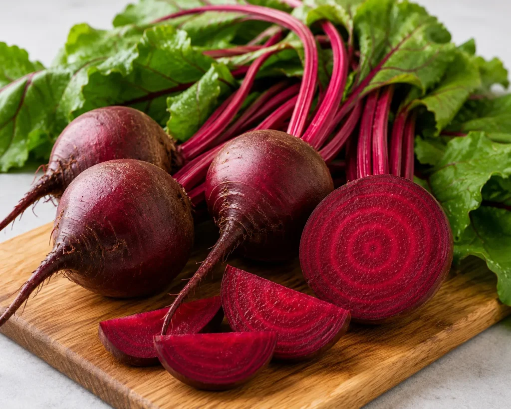 Fresh beetroot with sliced beets on a wooden cutting board for a healthy beet smoothie recipe