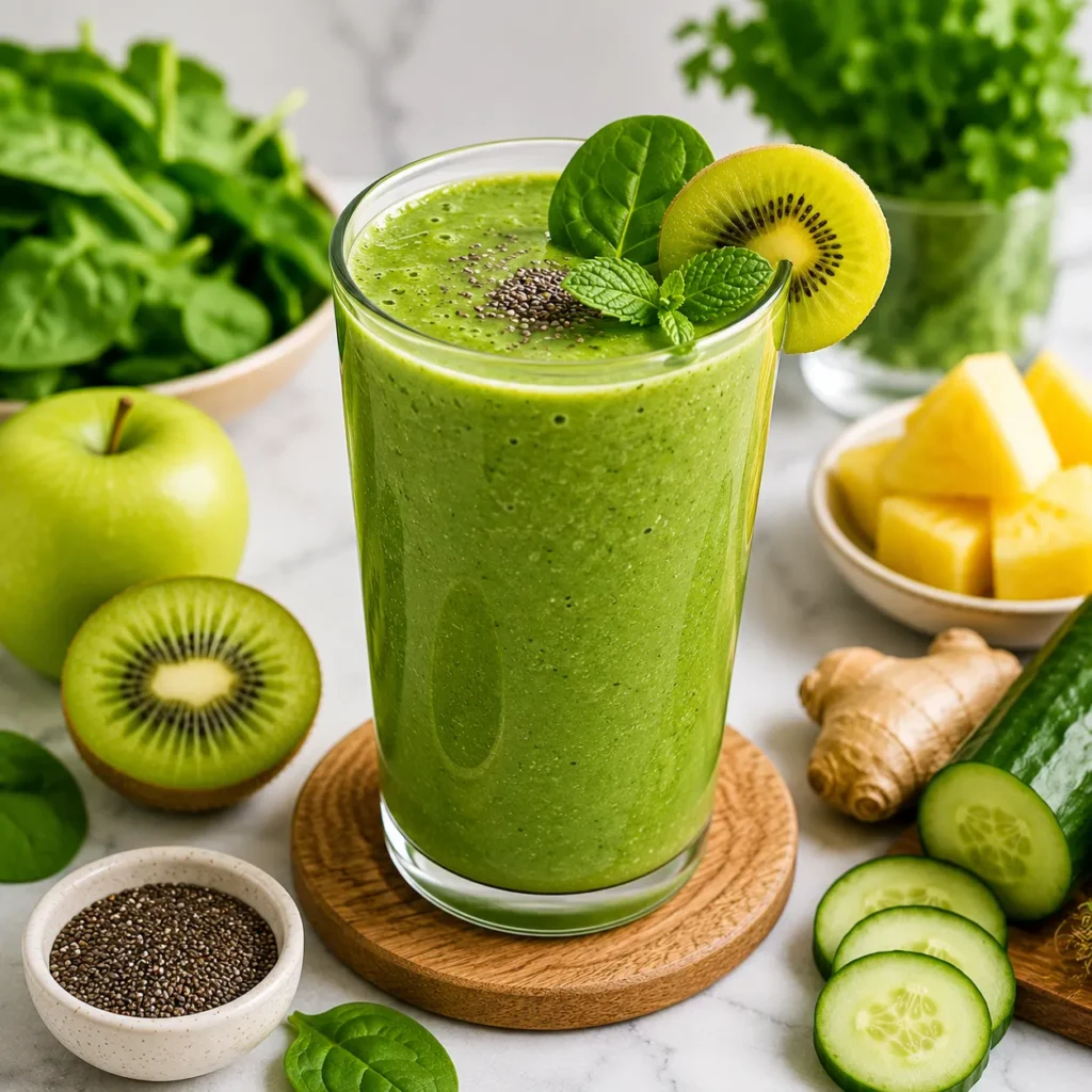 Green Glow Smoothie made with spinach, green apple, kiwi, cucumber, pineapple, chia seeds, and almond milk in a tall glass.