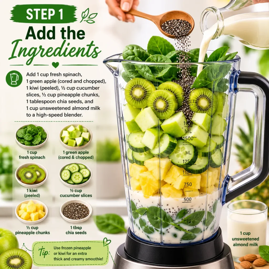 Adding fresh spinach, green apple, kiwi, cucumber, pineapple, chia seeds, and unsweetened almond milk to a blender for a Green Glow Smoothie.