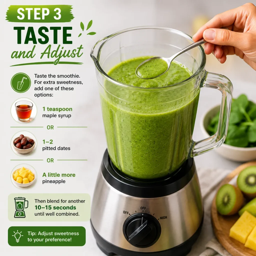 Taste and adjust Green Glow Smoothie by adding maple syrup, pitted dates, or extra pineapple before blending again for a naturally sweeter flavor.