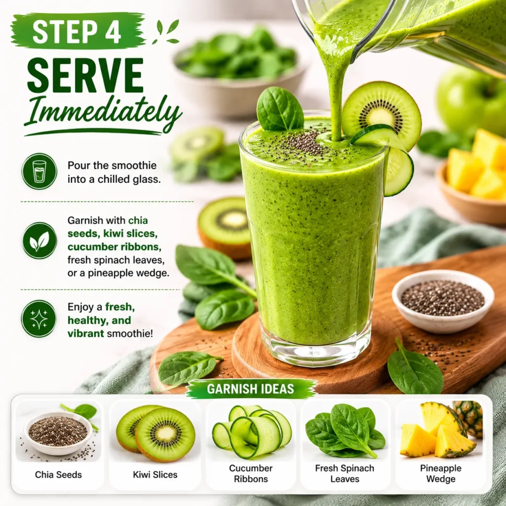 Green Glow Smoothie served fresh in a chilled glass with kiwi, pineapple, spinach, cucumber ribbons, and chia seeds as a healthy vegan breakfast or post-workout drink.
