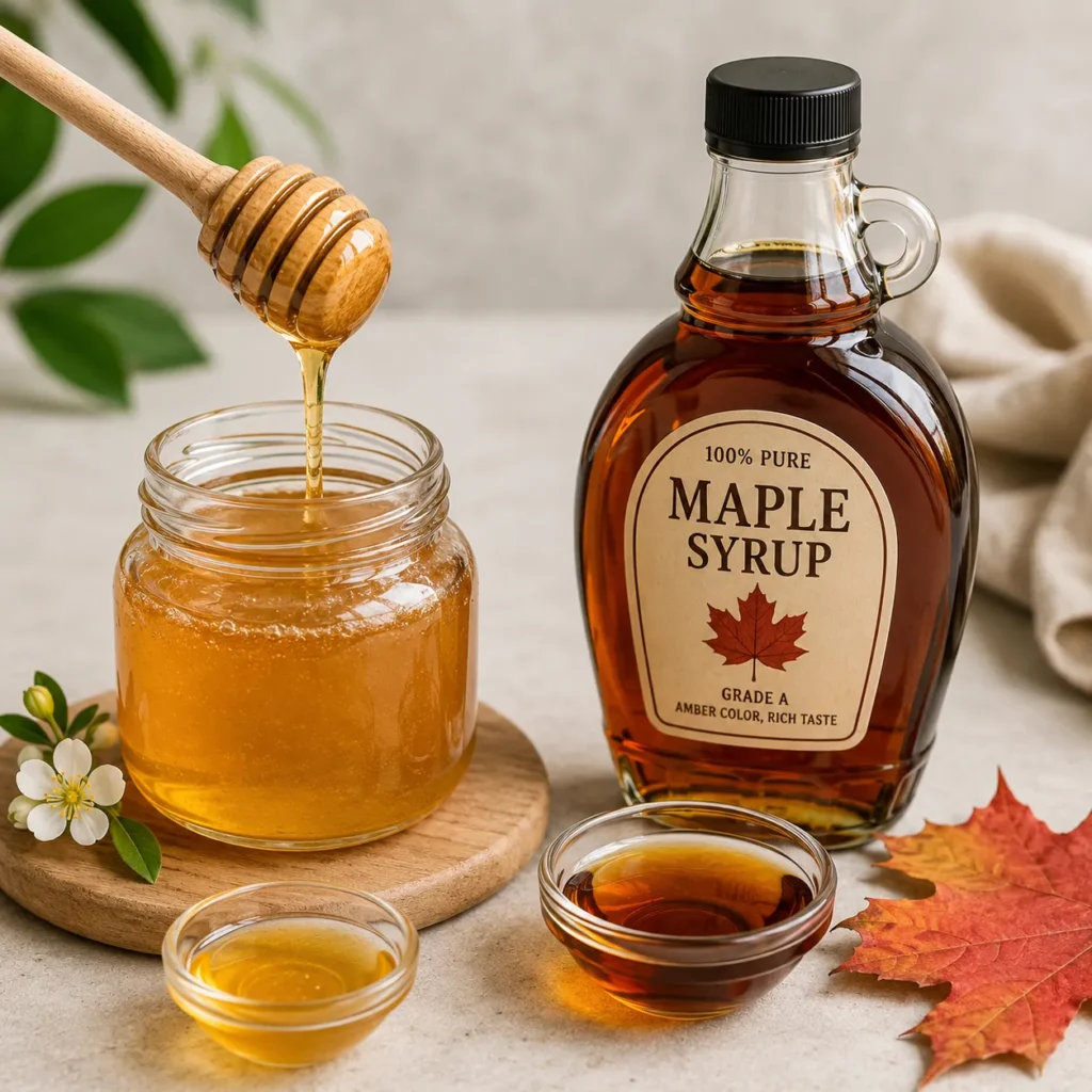 Natural honey and pure maple syrup for sweetening a healthy beet smoothie recipe