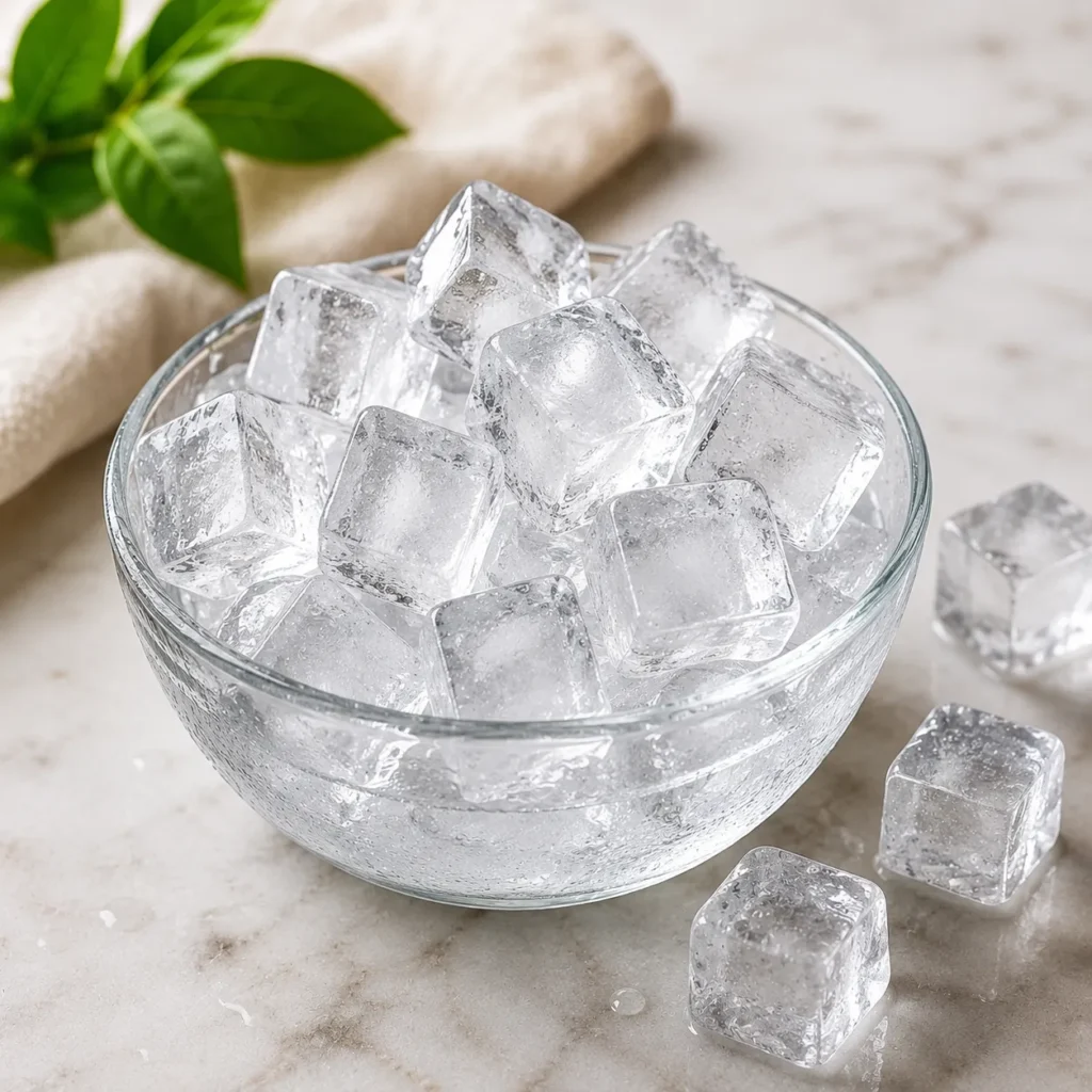 Clear ice cubes in a glass bowl for making a refreshing beet smoothie recipe
