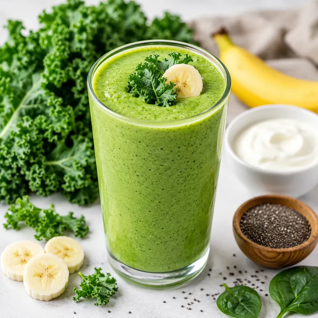 A creamy homemade kale smoothie made with fresh kale, banana, Greek yogurt, and chia seeds, served in a glass for a healthy breakfast or snack.
