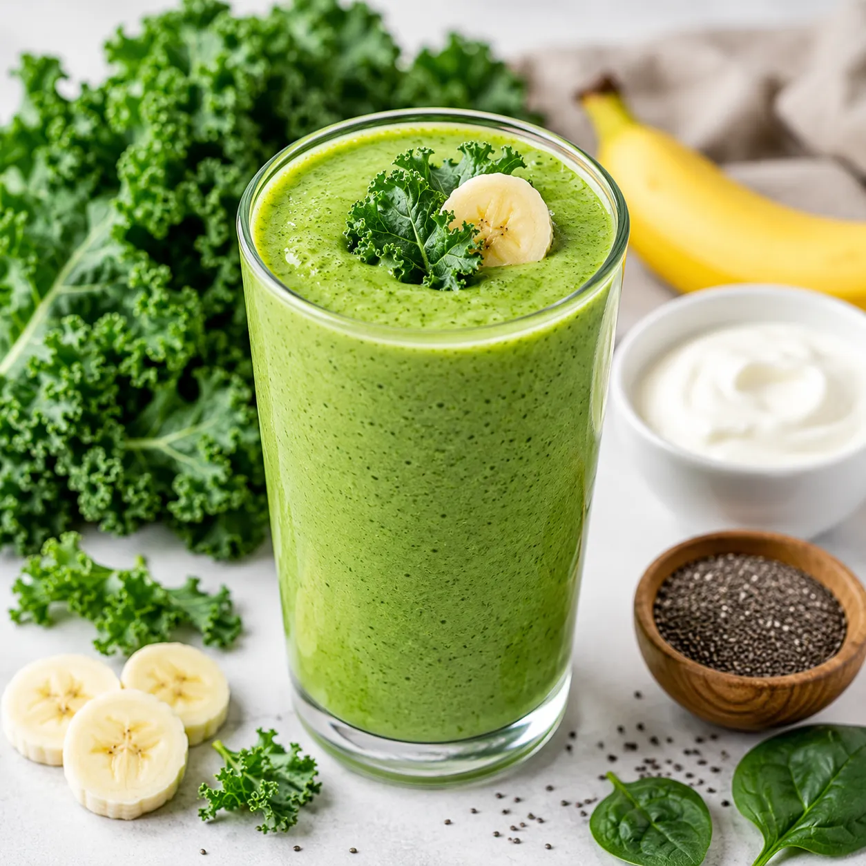 A creamy homemade kale smoothie made with fresh kale, banana, Greek yogurt, and chia seeds, served in a glass for a healthy breakfast or snack.