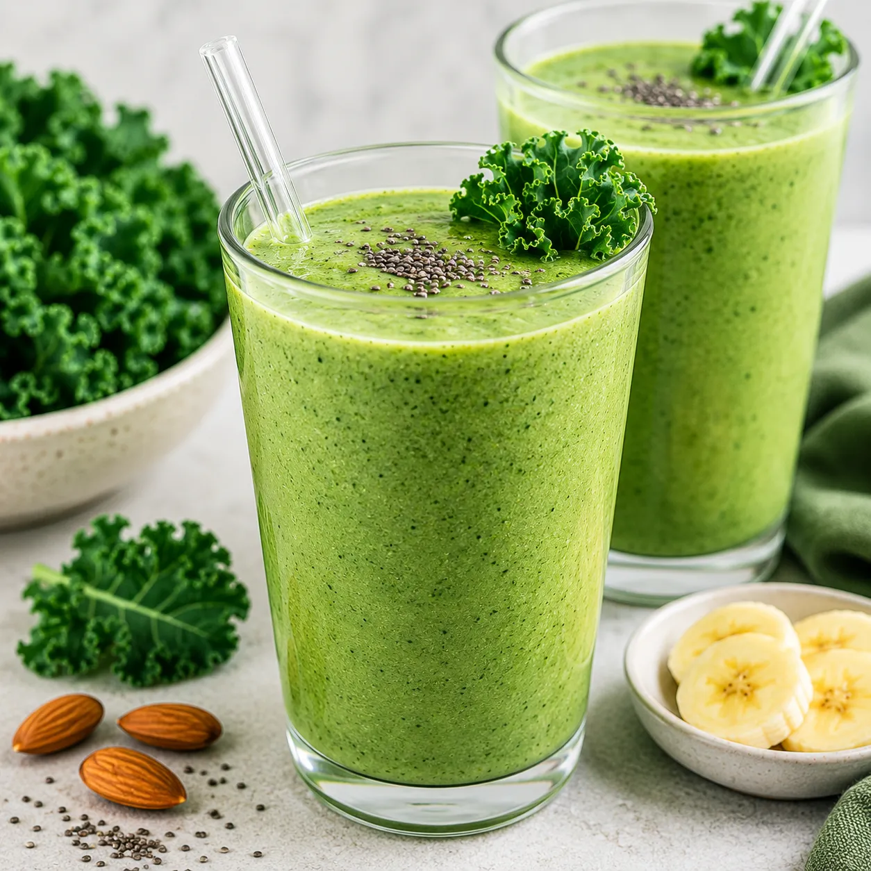 A creamy homemade kale smoothie made with fresh kale, banana, Greek yogurt, almond milk, chia seeds, and almonds, served in tall glasses.