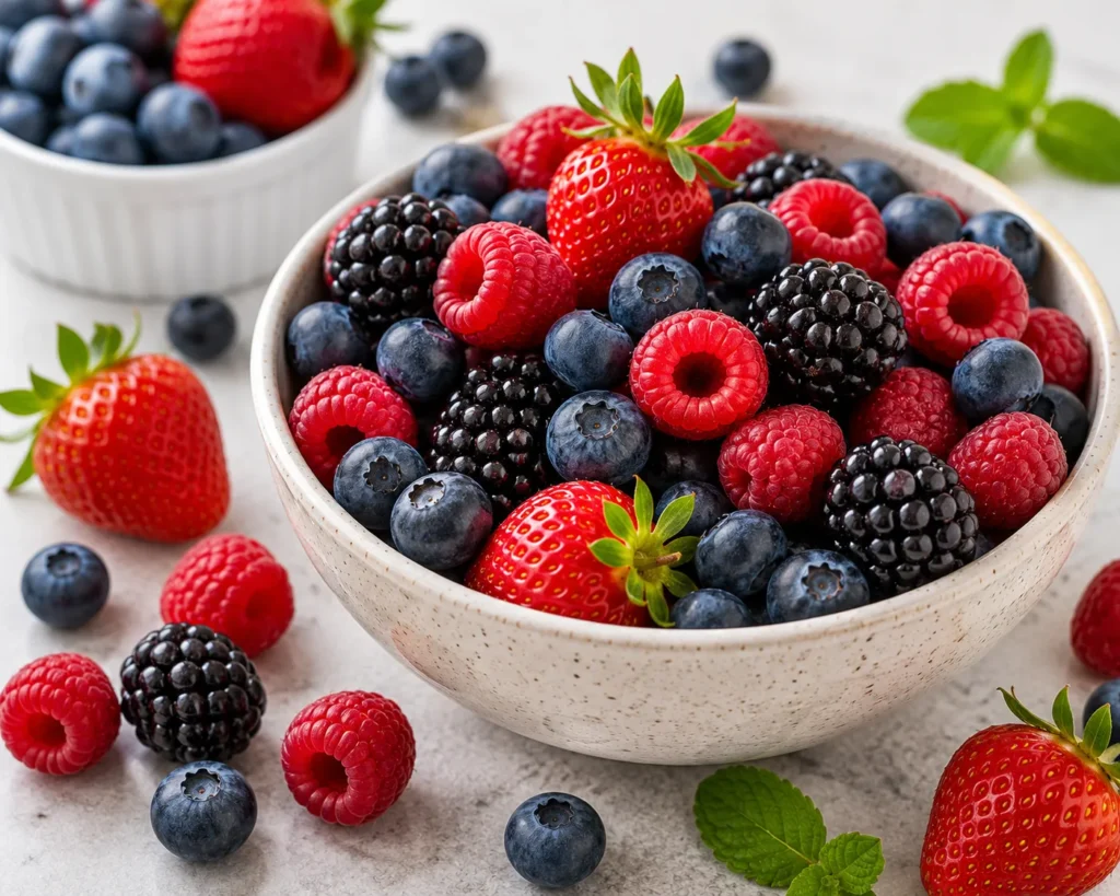 Fresh mixed berries including strawberries, blueberries, raspberries, and blackberries for a healthy beet smoothie recipe