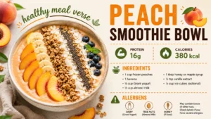 Creamy peach smoothie bowl topped with fresh peach slices, banana, blueberries, granola, chia seeds, and coconut for a healthy breakfast.