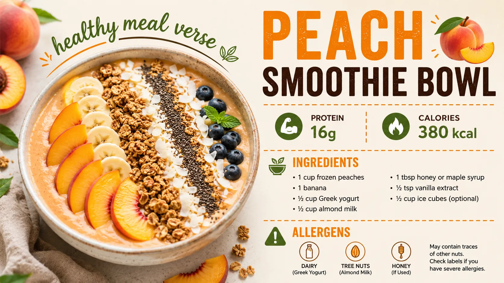 Creamy peach smoothie bowl topped with fresh peach slices, banana, blueberries, granola, chia seeds, and coconut for a healthy breakfast.