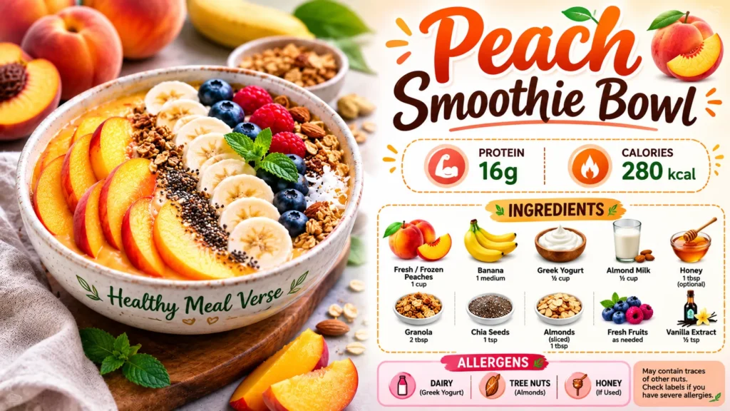 Creamy peach smoothie bowl topped with fresh peach slices, banana, blueberries, granola, chia seeds, and coconut for a healthy breakfast.