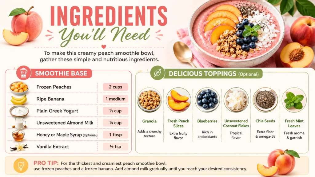 Ingredients card for a peach smoothie bowl featuring frozen peaches, banana, Greek yogurt, almond milk, honey, vanilla extract, granola, blueberries, coconut flakes, chia seeds, and fresh mint.