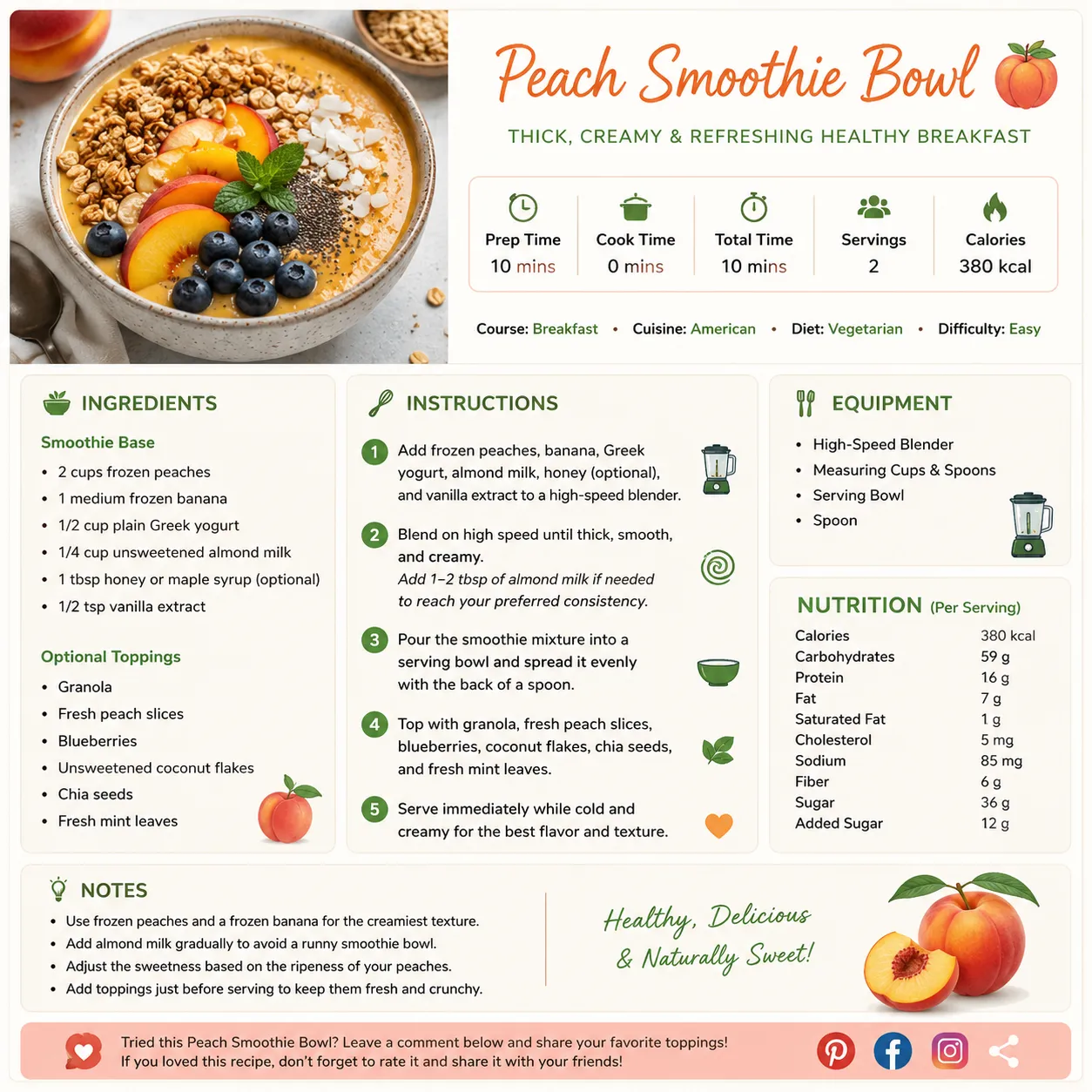 Peach smoothie bowl recipe card featuring ingredients, step-by-step instructions, nutrition facts, equipment, prep time, servings, and calories.