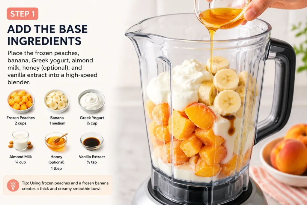 Adding frozen peaches, banana, Greek yogurt, almond milk, honey, and vanilla extract to a blender for a peach smoothie bowl recipe.