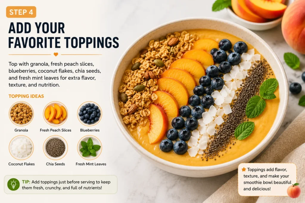 Adding granola, fresh peach slices, blueberries, coconut flakes, chia seeds, and fresh mint leaves to a peach smoothie bowl.