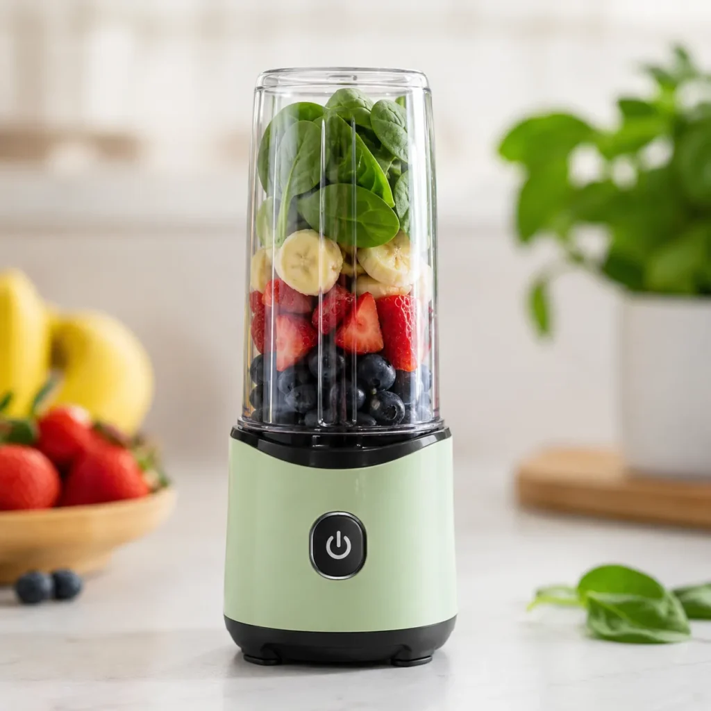 Compact portable personal smoothie blender for making healthy vegan smoothies at home.
