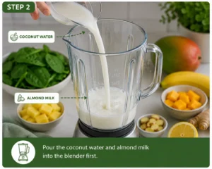 Pouring coconut water and almond milk into a blender as the first step in making a Detox Island Green Smoothie.