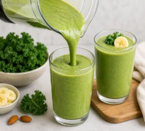 Fresh homemade kale smoothie being poured into a glass and served immediately with a healthy garnish