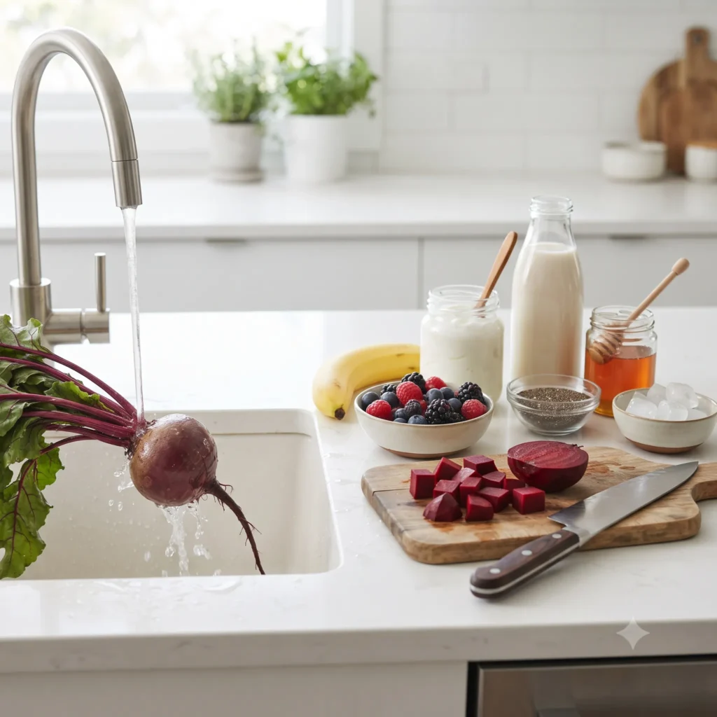 Washing fresh beetroot and preparing ingredients for a healthy beet smoothie recipe