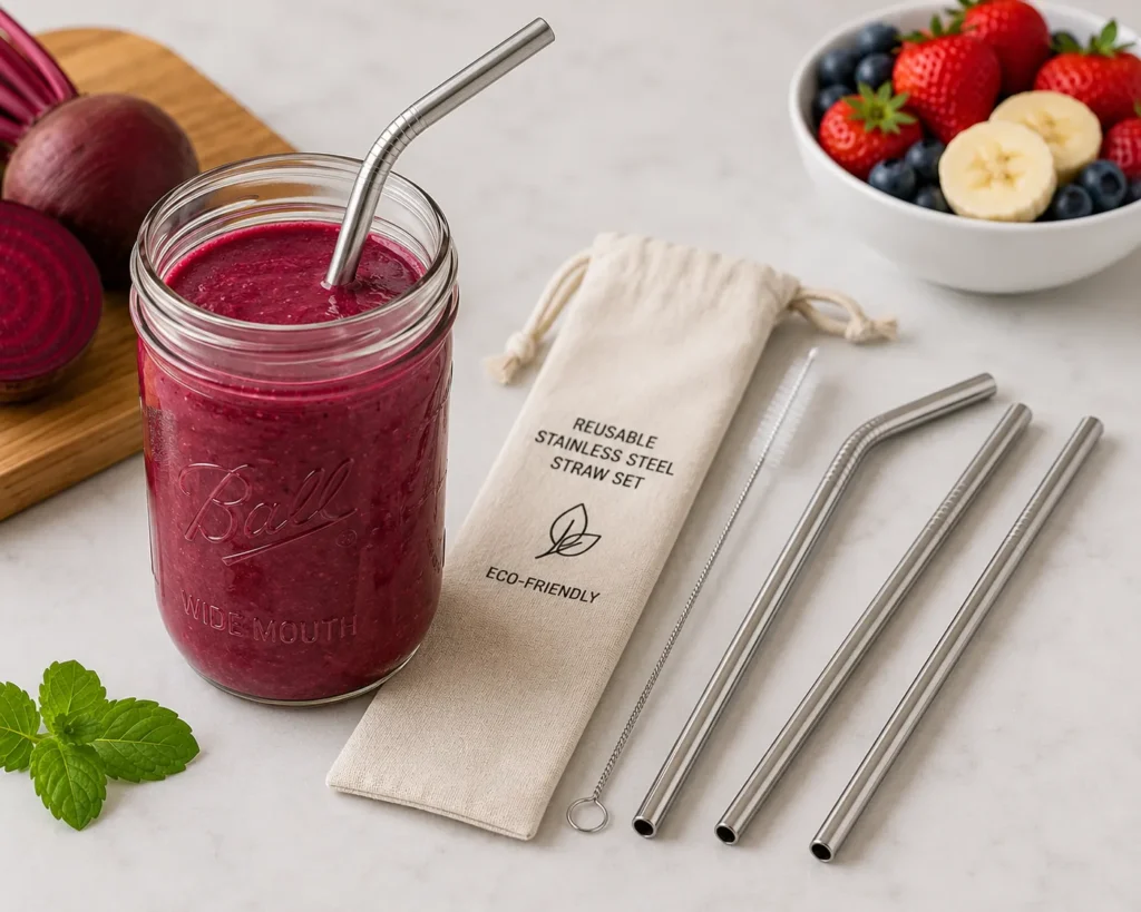 Reusable stainless steel smoothie straw with glass mason jar for enjoying a healthy beet smoothie recipe