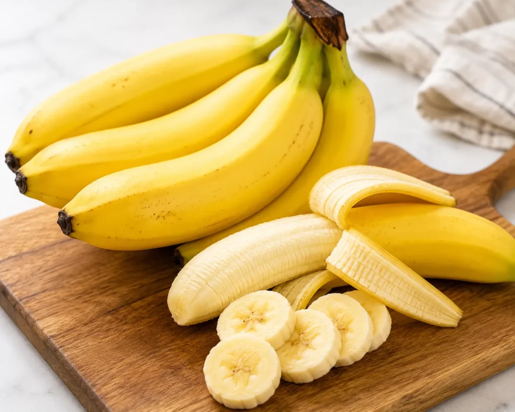 Ripe banana sliced on a wooden cutting board for a healthy beet smoothie recipe