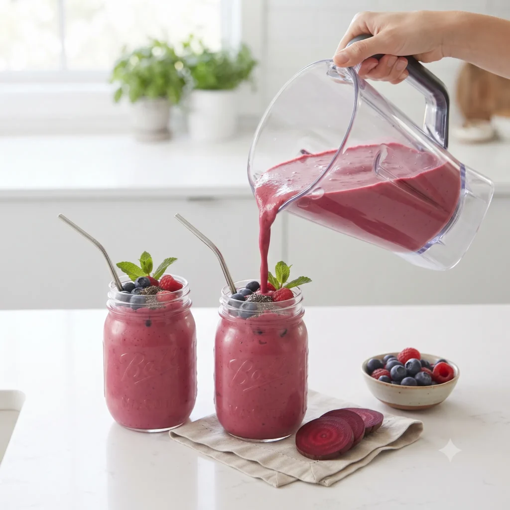 Pouring a creamy beet smoothie into mason jars ready to serve and enjoy