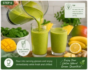 Pouring a freshly blended Detox Island Green Smoothie into serving glasses and enjoying it immediately while fresh and chilled.