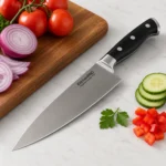 Sharp chef's knife for chopping fresh beetroot, bananas, and fruits for a beet smoothie recipe