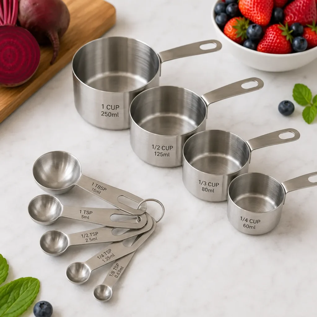 Stainless steel measuring cups and measuring spoons for accurately preparing a beet smoothie recipe