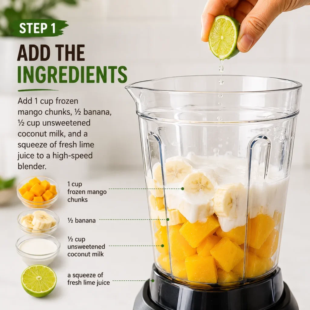 Step 1 adding frozen mango chunks, banana, coconut milk, and fresh lime juice to a blender for a Tropical Vegan Smoothie.