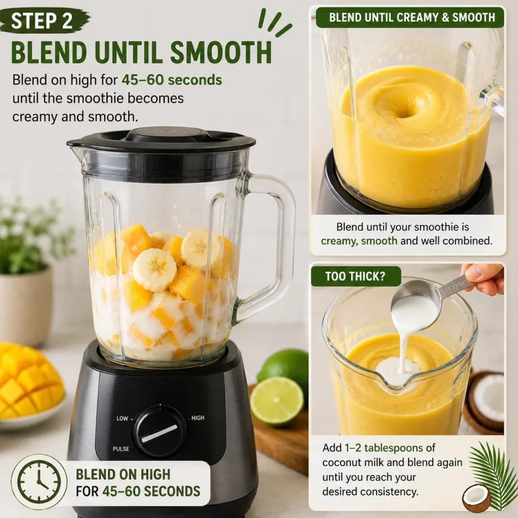 Step 2 blending a Tropical Vegan Smoothie with mango, banana, coconut milk, and lime until creamy and smooth.