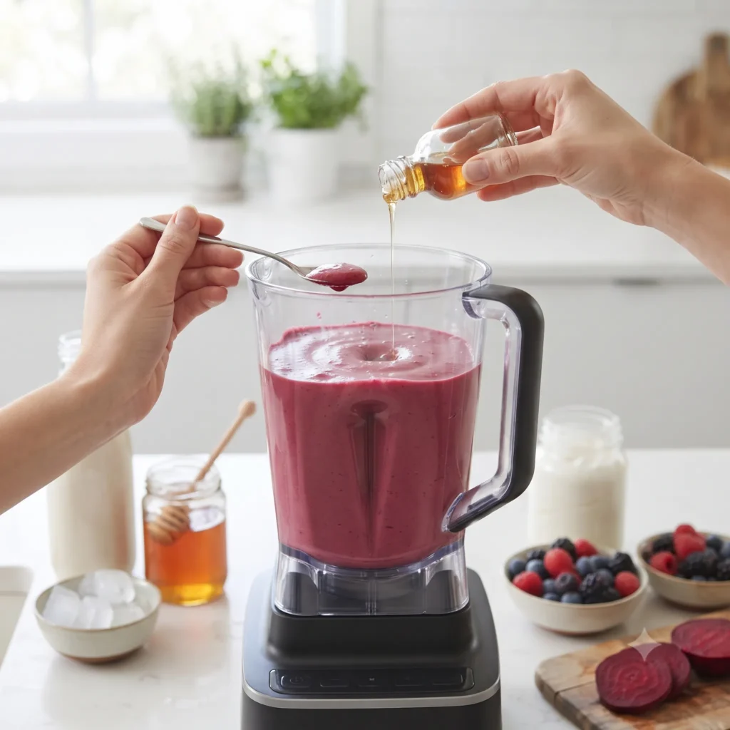 Tasting a beet smoothie and adding honey to adjust sweetness before serving