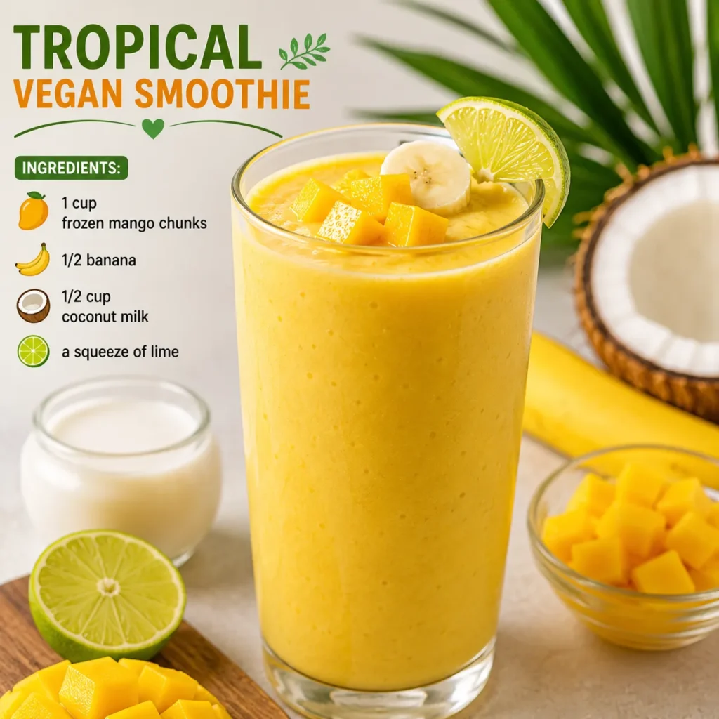 Tropical Vegan Smoothie made with frozen mango, banana, coconut milk, and fresh lime.