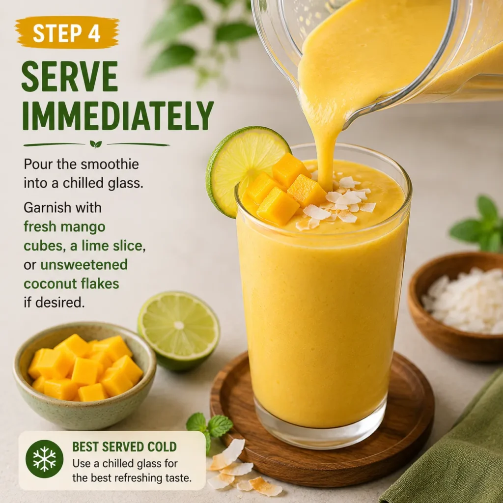 Pouring a Tropical Vegan Smoothie into a chilled glass and garnishing with fresh mango cubes, lime slice, and unsweetened coconut flakes.