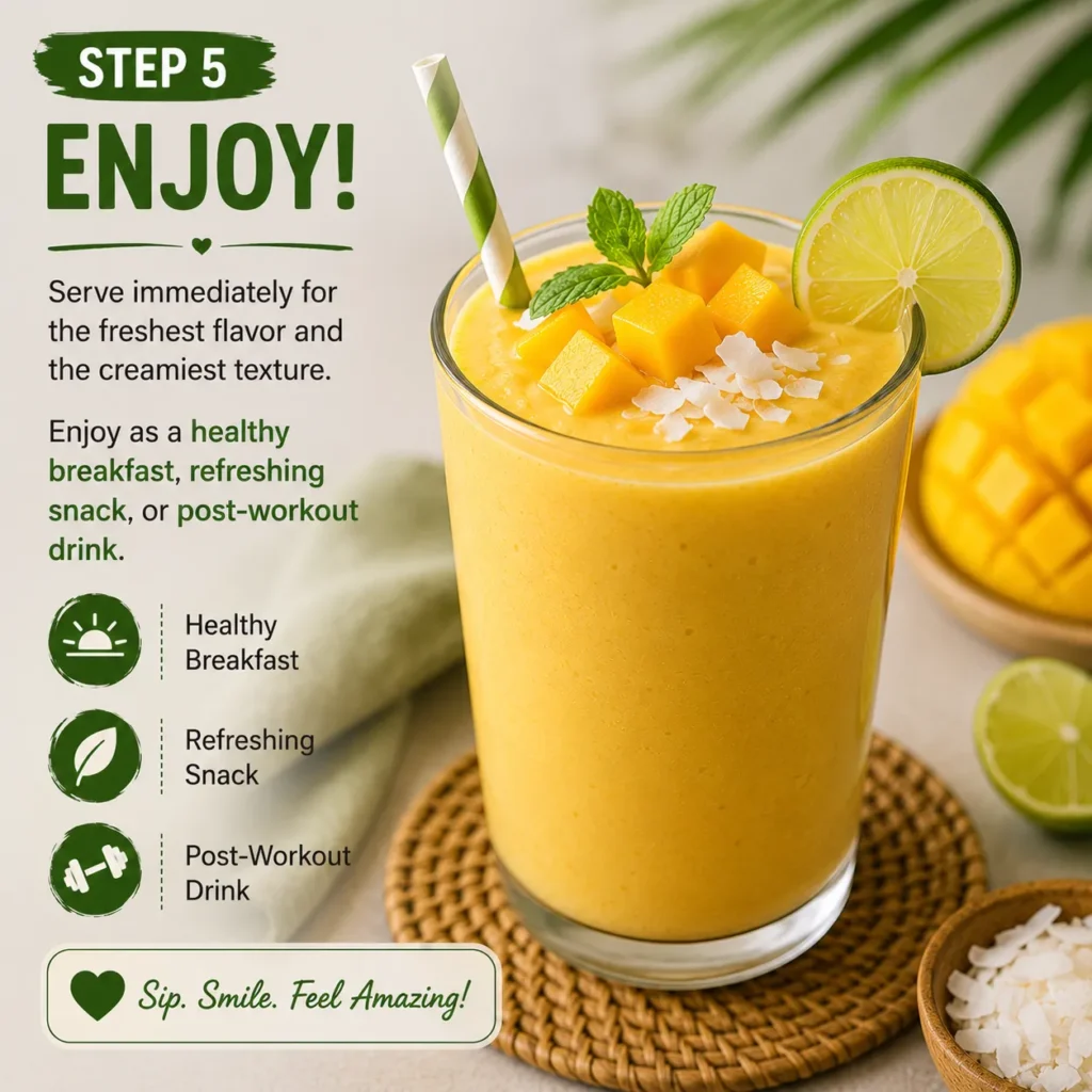 Fresh Tropical Vegan Smoothie served immediately with mango cubes, lime slice, and coconut flakes for a healthy breakfast or post-workout drink.
