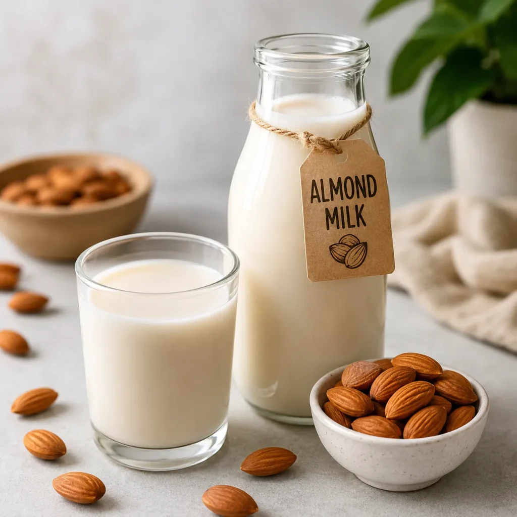 Unsweetened almond milk in a glass bottle and glass for making a healthy beet smoothie recipe