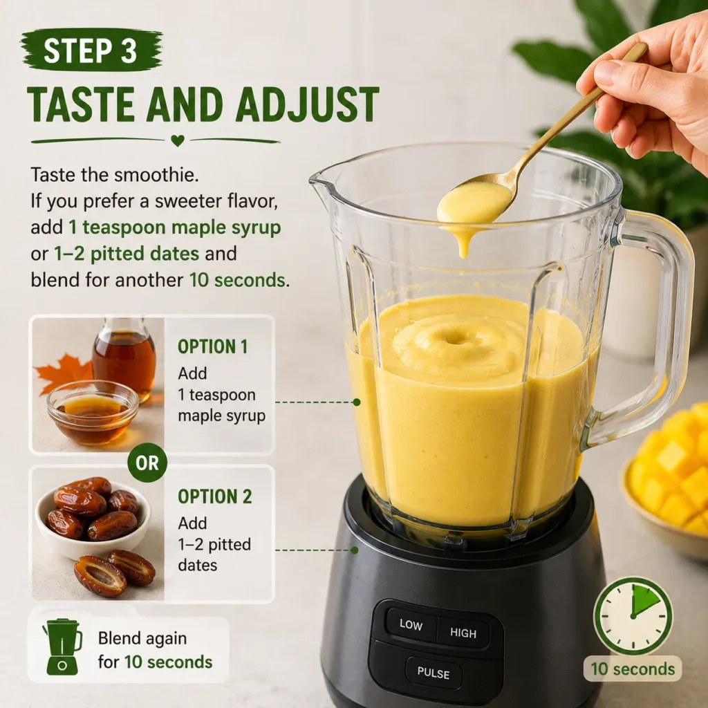Taste and adjust a tropical vegan smoothie by adding maple syrup or dates before blending again for a naturally sweeter flavor.