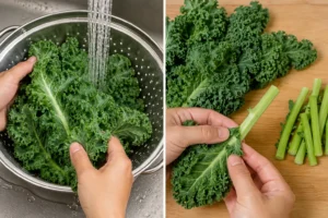 Hands washing fresh kale under running water and removing the tough stems on a wooden cutting board before making a healthy kale smoothie.