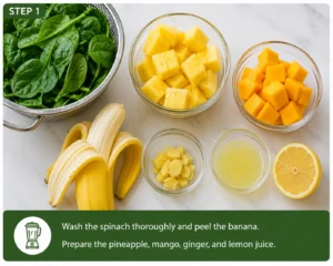 Fresh spinach, peeled banana, pineapple, mango, ginger, and lemon juice prepared for making a Detox Island Green Smoothie.