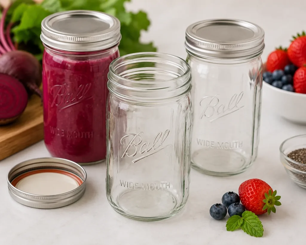 Wide mouth glass mason jars for serving and storing a healthy beet smoothie recipe