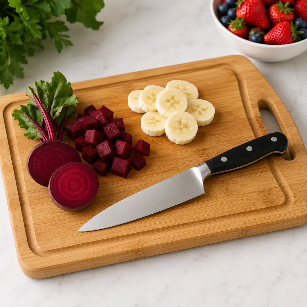Wooden cutting board with fresh beetroot, banana slices, and a chef's knife for preparing a beet smoothie recipe